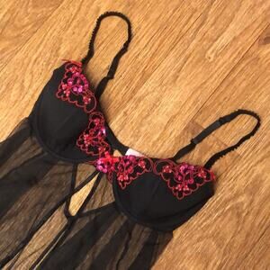 Victoria’s Secret Black Red Pink Sequin Embroidered Lace Babydoll Lingerie 36D
